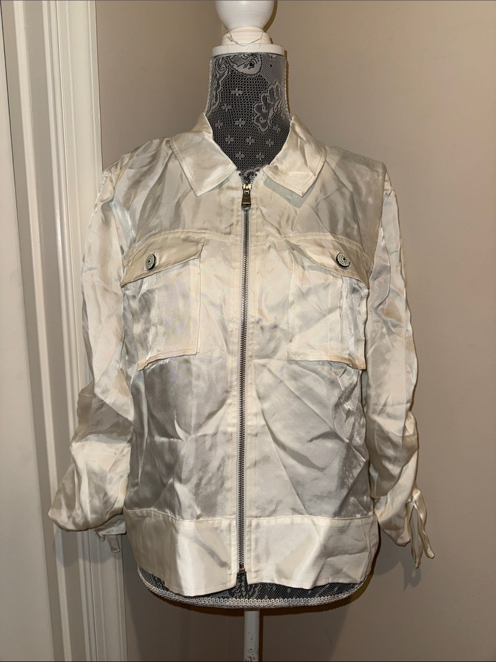 cinq a sept Cream Satin Bomber Jacket